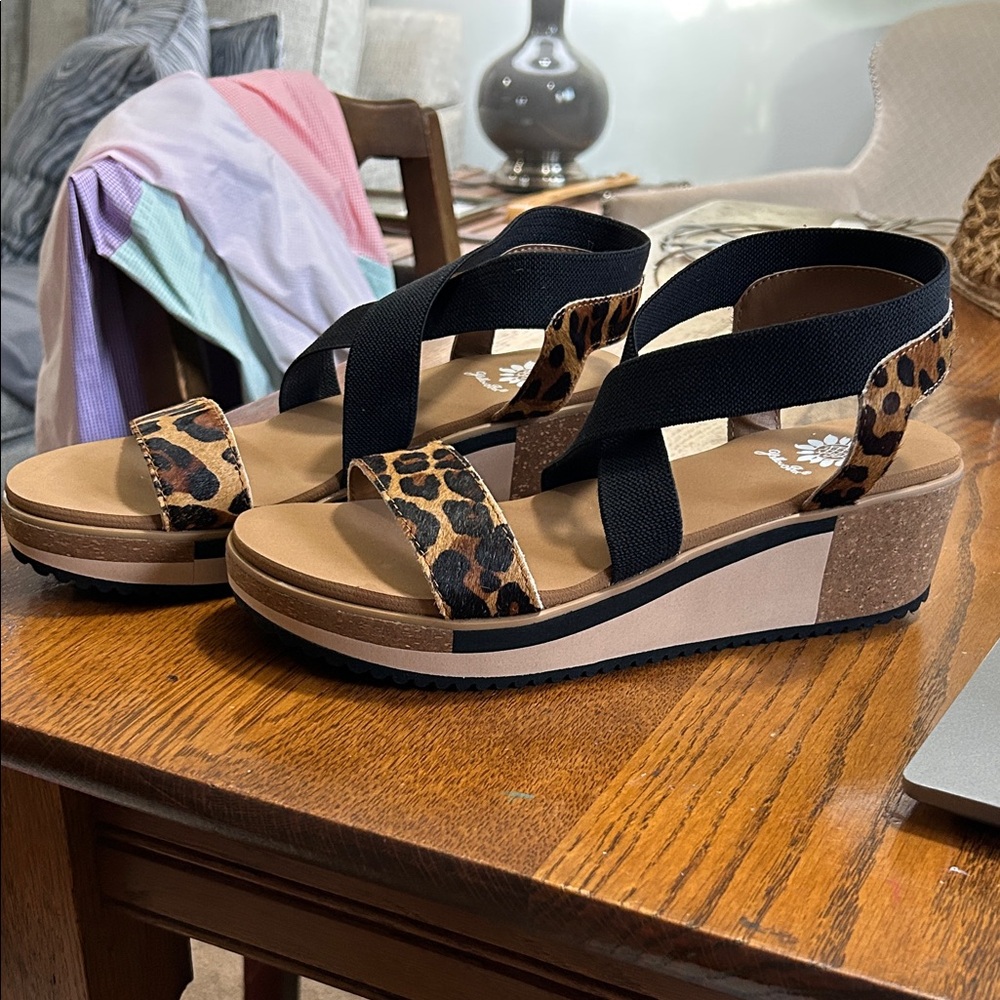 Yellow Box Black and Leopard Print Wedge Sandals